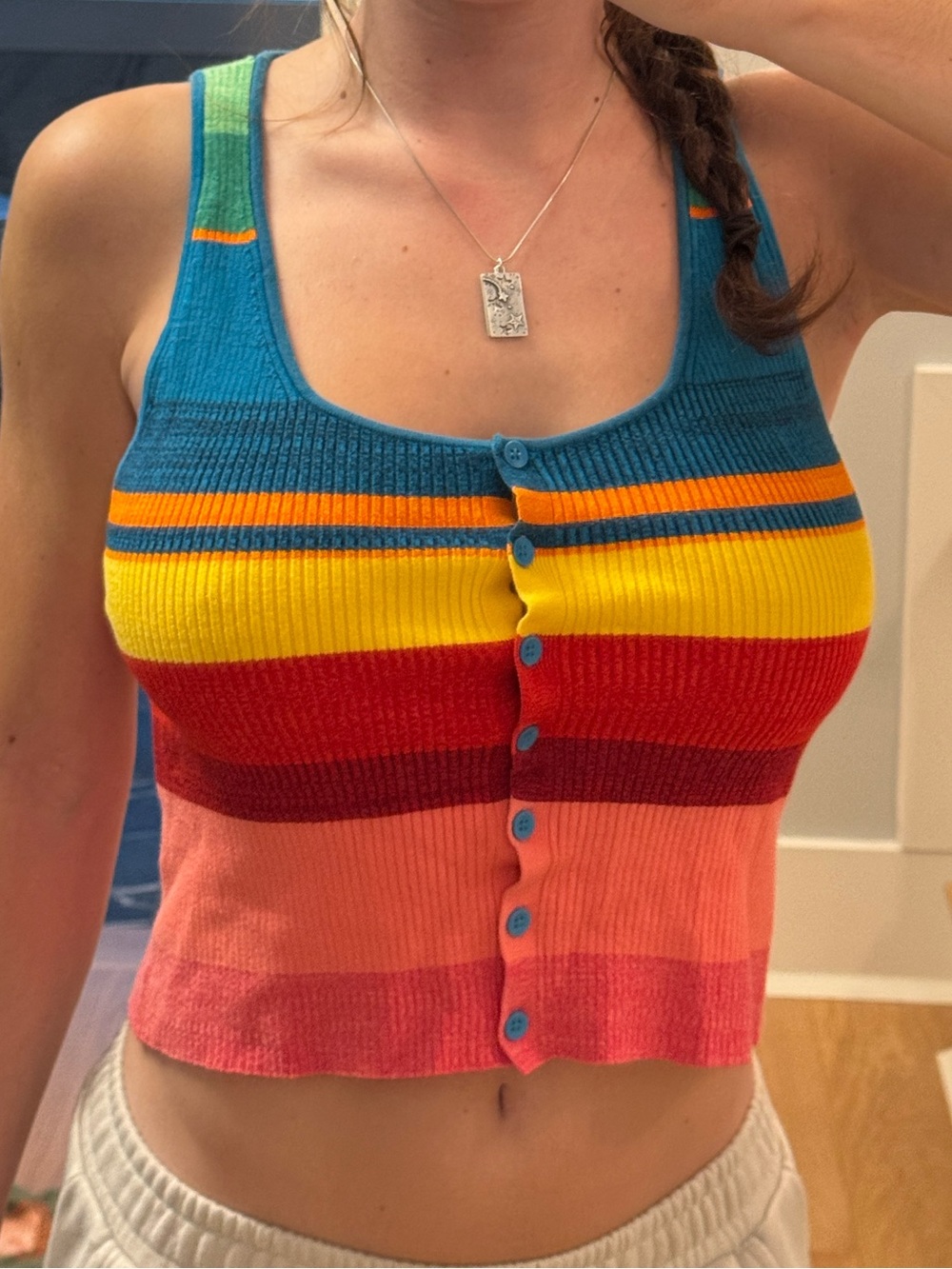 Alice + Olivia Teal, Yellow, Red and Coral Striped Button Crop Top
